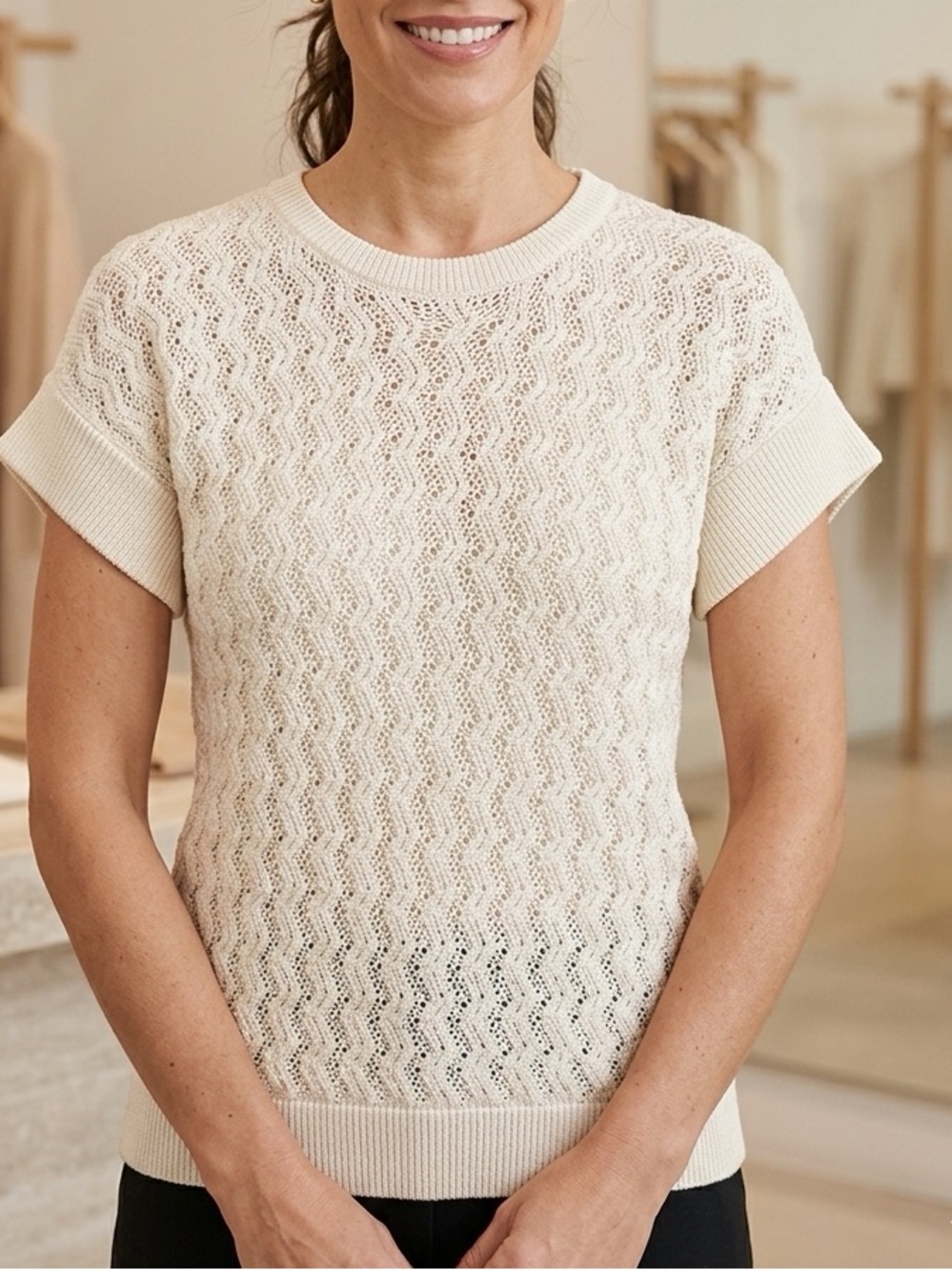 St. John Cream Short-Sleeve Textured Crew Sweater Vintage